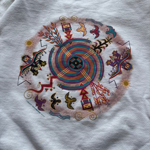 Vintage 90's Southwestern Navajo Circle of Life White Crewneck Sweatshirt Sz L - Picture 2 of 6
